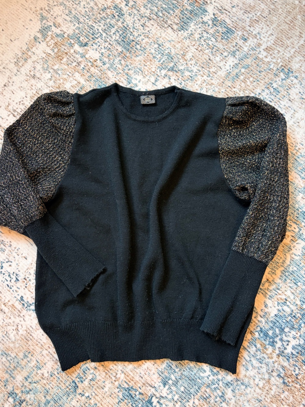 Vintage Black Sweater with Gold Metallic Knit Sleeves